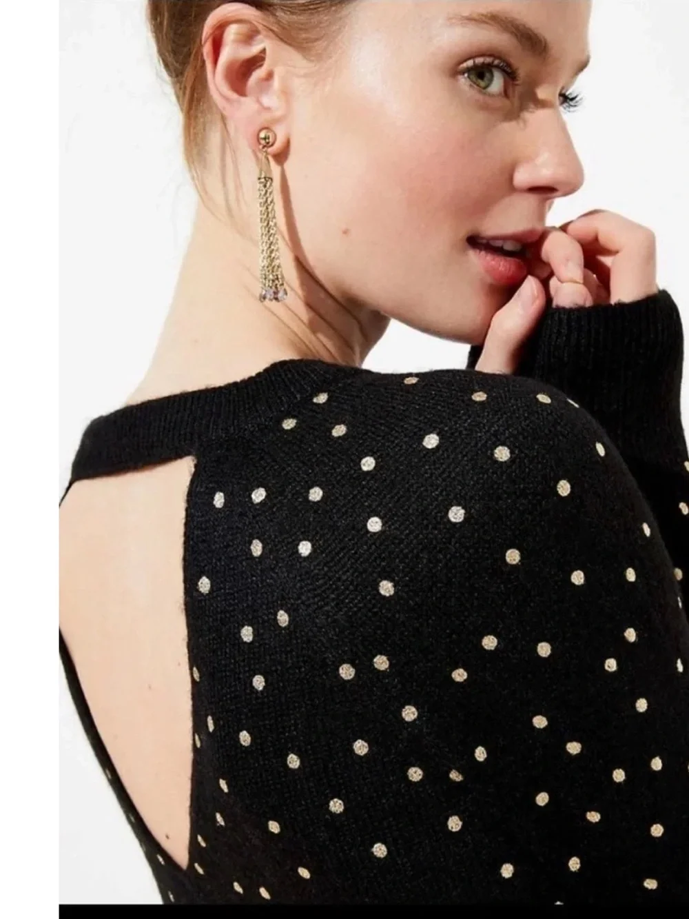 Loft Black Crew Neck Sweater With Gold Metallic Polka Dots Size XS EUC